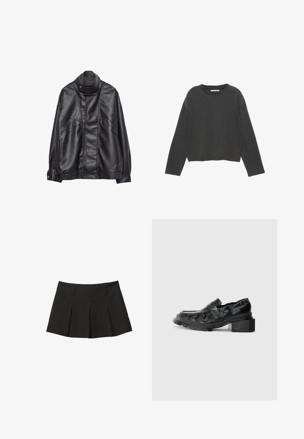 Schwarze Lederjacke mit hohem Kragen und Druckknopf, Reißverschlusstaschen an den Seiten und detaillierterStickerei an der Vorderseite sowie an den Ärmeln.; Schwarz geschnittenes Langarm-T-Shirt aus weichem Baumwollmaterial. Verfügt über einen runden Halsausschnitt und sichtbare Nähte entlang der Nähte.; Schwarzer, plissierter Rock mit einem enganliegenden Taillenbund und einer weichen Textur. Mit vorderen Falten gestaltet, um zusätzliche Form und Stil zu verleihen.; Schwarze Lederloafer mit einer strukturierten Sohle, die über einen leicht erhöhten Blockabsatz und ein strukturiertes Obermaterial verfügen, das mit einem vorderen Riemen gesichert ist.