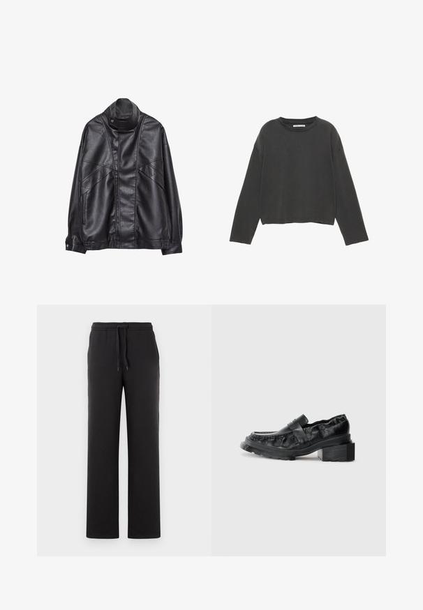 Crna kožna jakna s visokim ovratnikom i snap dugmetom, zip džepovima sa strane i detaljnim šavovima na prednjem dijelu i rukavima.; Crna skraćena majica dugih rukava od mekanog pamučnog materijala. Ima okrugli izrez i vidljive šavove duž šavova.; Crne, ravne trenerke od mekog materijala, s elastičnim pojasom i vezicom, te bočnim džepovima.; Crne kožne mokasine sa čvrstim potplatom, s blagim blok petom i teksturiranim gornjim dijelom, učvršćenim prednjom trakicom.
