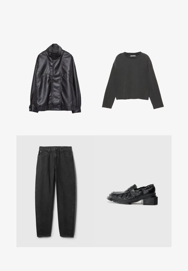 Čierna kožená bunda s vysokým golierom a cvokmi, so zipsovými vreckami po stranách a precízne prešívaním na prednej strane a rukávoch.; Čierne skrátené tričko s dlhým rukávom vyrobené z mäkkého bavlneného materiálu. Má okrúhly výstrih a viditeľné stehy pozdĺž švov.; Čierne riflové nohavice s priamym strihom nohavíc, obsahujúce päť vreciek, zapínanie na gombík a minimálne šitie. Klasický dizajn a textúra.; Čierne kožené loafers s pevným podrážkou, s mierne zvýšeným blokovým podpätkom a štruktúrovaným zvrškom, zabezpečené predným pásom.