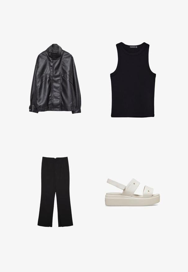 Sort læderjakke med høj krave og trykknap, lynlås lommer på siderne og detaljeret syning på fronten og ærmerne.; Sort tank top lavet af bomuld, med rund halsudskæring og brede armhuller. Glat tekstur med syede kanter. Klassisk, minimalistisk design.; Sorte bukser med lige pasform, der har frontlommer og slidser i kanten. Lavet af blødt, glat stof. Velegnet til forskellige anledninger.; Hvide platformsandaler med brede remme, lavet af glat materiale, med justerbar bagrem og udtalt sål. Minimalistisk design.