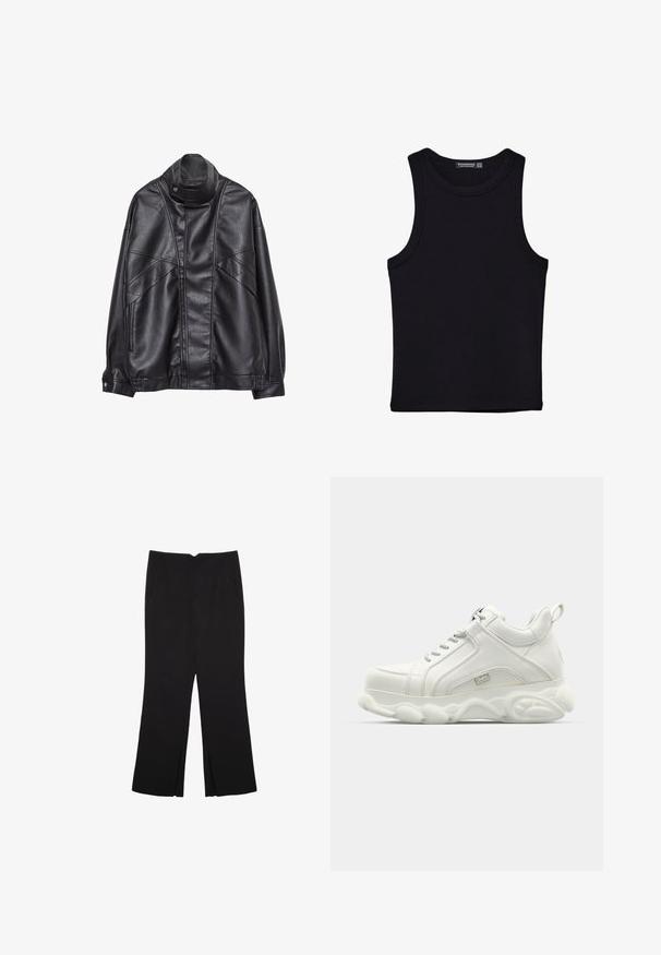 Musta nahkatakki, jossa on korkea kaulus ja nepparit, vetoketjulliset taskut sivuilla sekä yksityiskohtaista ompelua edessä ja hihoissa.; Musta hihaton paita, joka on valmistettu puuvillasta, ja jossa on pyöreä kaula-aukko sekä leveät kainaloaukot. Silkkinen pinta ja ommellut reunat. Klassinen, minimalistinen muotoilu.; Mustat housut suoralinjaisella leikkauksella, joissa on etutaskut ja sivurei'ät helman alla. Valmistettu pehmeästä ja sileästä kankaasta. Sopii eri tilaisuuksiin.; Valkoiset urheilukengät, joissa on sileä nahkapäällinen, pyöreä pohja ja teksturoitu yksityiskohta. Varustettu nauhoilla ja vetoketjulla takana.
