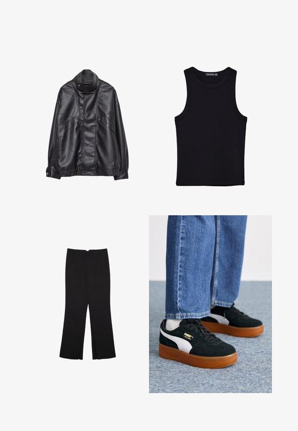 Musta nahkatakki, jossa on korkea kaulus ja nepparit, vetoketjulliset taskut sivuilla sekä yksityiskohtaista ompelua edessä ja hihoissa.; Musta hihaton paita, joka on valmistettu puuvillasta, ja jossa on pyöreä kaula-aukko sekä leveät kainaloaukot. Silkkinen pinta ja ommellut reunat. Klassinen, minimalistinen muotoilu.; Mustat housut suoralinjaisella leikkauksella, joissa on etutaskut ja sivurei'ät helman alla. Valmistettu pehmeästä ja sileästä kankaasta. Sopii eri tilaisuuksiin.; Mustat ja valkoiset lenkkarit, joissa on mokkanahkainen pinta ja kuminen pohja. Sivulla on kultakoristeet ja pyöreät nauhat, käytetty sinisten farkkujen kanssa.