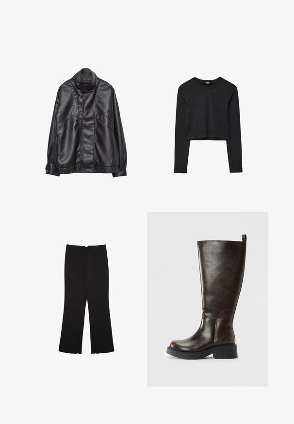 Črna usnjena jakna z visokim ovratnikom in pritrdilnimi gumbi, z žepi na zadrgo ob straneh ter podrobnim šivanjem spredaj in na rokavih.; Črna dolgi rokavi prerezana majica s krožnim izrezom, enostaven dizajn in rahlo ukrivljen rob.; Črne hlače ravnega kroja z naglavnimi žepi in stranskimi razporki na robu. Narejene iz mehke, gladke tkanine. Primerne za različne priložnosti.; Temno rjave usnjene škornje do kolen z zaobljenim nosom, debelim črnim podplatom, nizko blokasto peto in zanko na zadnjem delu vrha.