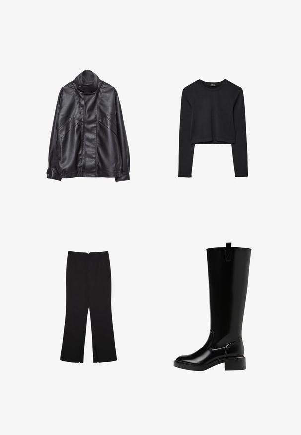 Schwarze Lederjacke mit hohem Kragen und Druckknopf, Reißverschlusstaschen an den Seiten und detaillierterStickerei an der Vorderseite sowie an den Ärmeln.; Schwarzes, langärmliges, kurz geschnittenes Oberteil mit Rundhalsausschnitt, schlichter Gestaltung und leicht abgerundetem Saum.; Schwarze Hose mit geradem Schnitt, ausgestattet mit Fronttaschen und Seitenschlitzen am Saum. Hergestellt aus weichem, glattem Stoff. Geeignet für verschiedene Anlässe.; Schwarze knielange Stiefel mit glänzender Oberfläche, runder Zehenform, kleinem Blockabsatz und einem Ziehschlaufe auf der Rückseite. Nahtdetails betonen das Design.