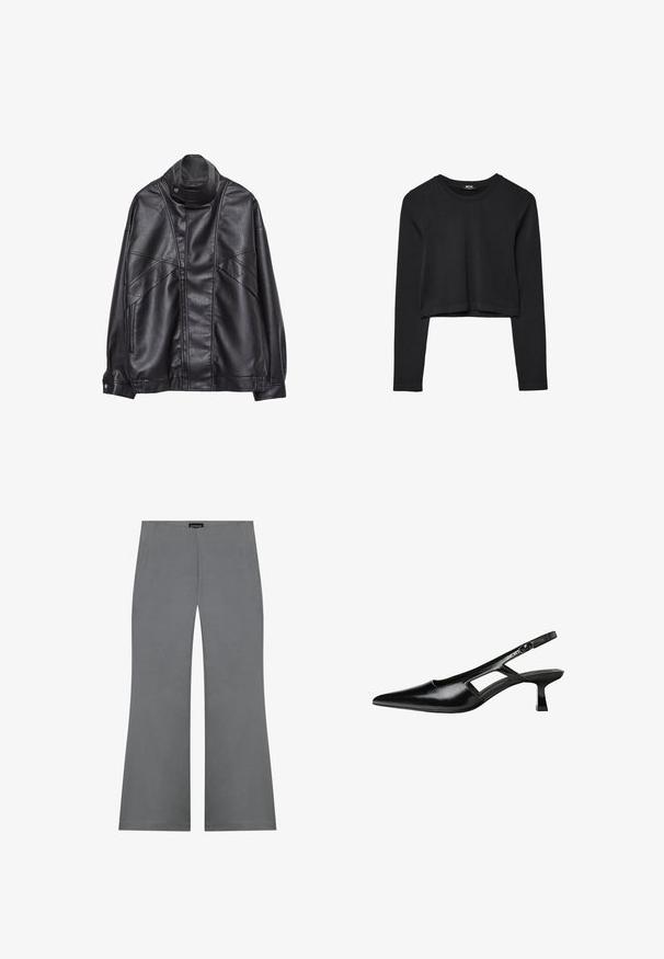 Černá kožená bunda s vysokým límcem a patentkami, zipovými kapsami na bocích a detailním prošíváním na přední části a rukávech.; Černý dlouhý rukáv cropped top s kulatým výstřihem, jednoduchý design a mírně zaoblený lem.; Šedé rozšířené kalhoty s hladkým texture, s vysokým pasem a čistým designem. Žádné viditelné vzory ani detaily z kovu.; Černé lakované lodičky na podpatku se špičatou špičkou, výřezovým designem na boku a malým čtvercovým podpatkem. Hladká textura s minimálními akcenty.
