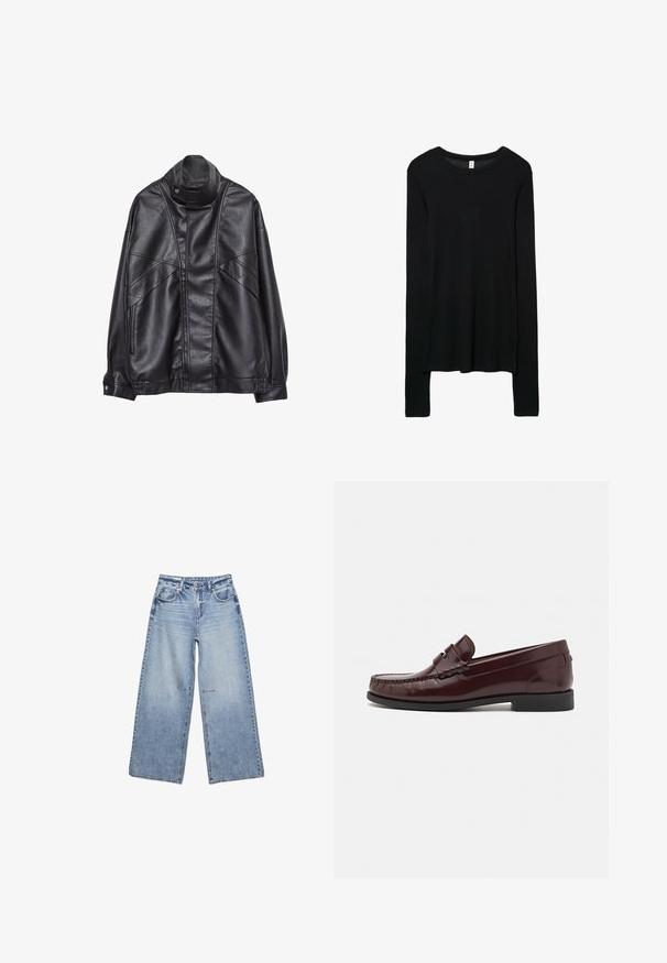 Svart läderjacka med hög krage och tryckknapp, fickor med dragkedja på sidorna och detaljerad sömnad på framsidan och ärmarna.; Svart långärmad skjorta, gjord av ett mjukt stickat material. Rund halsringning, figurnära passform och förlängda ärmar med en lätt nedfallande nederkant.; Ljusblå vida jeans gjorda av denim, med hög midja, fem fickor och subtila blekningar, med råa kanter.; BOSS LYCIA - Slip-ins - dark red