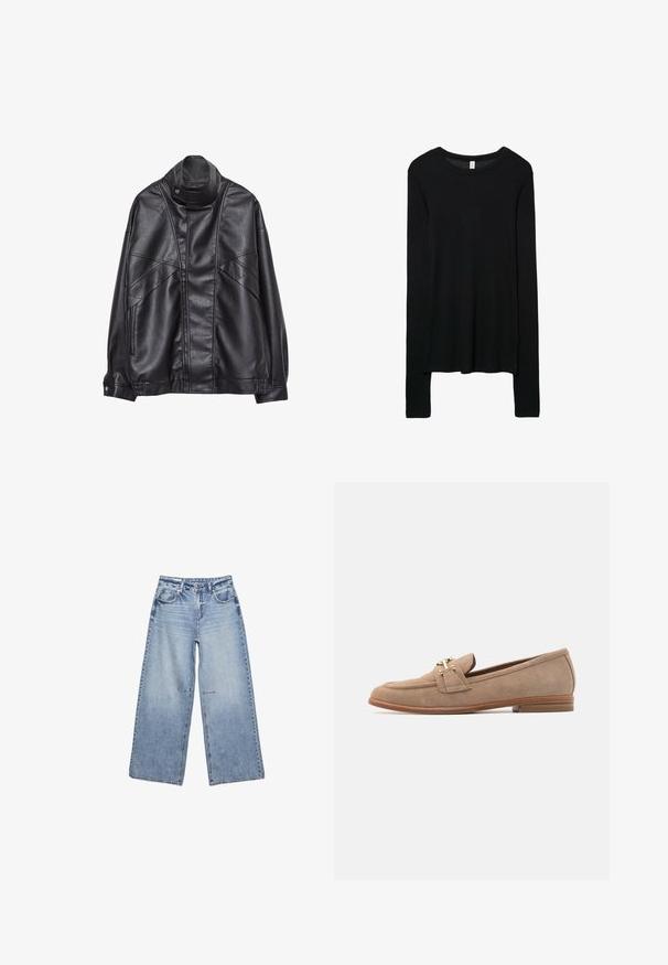 Svart läderjacka med hög krage och tryckknapp, fickor med dragkedja på sidorna och detaljerad sömnad på framsidan och ärmarna.; Svart långärmad skjorta, gjord av ett mjukt stickat material. Rund halsringning, figurnära passform och förlängda ärmar med en lätt nedfallande nederkant.; Ljusblå vida jeans gjorda av denim, med hög midja, fem fickor och subtila blekningar, med råa kanter.; BOSS HELYAN - Slip-ins - medium beige