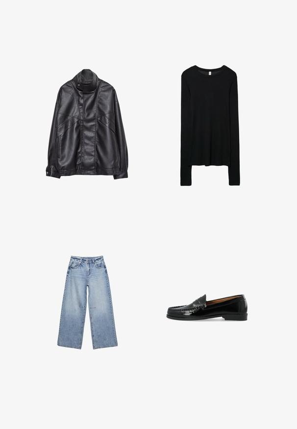Czarna skórzana kurtka z wysokim kołnierzem i zatrzaskiem, z zapinanymi na zamek kieszeniami po bokach oraz szczegółowym przeszyciem z przodu i na rękawach.; Czarna koszula z długim rękawem, wykonana z gładkiego dzianinowego materiału. Okrągły dekolt, dopasowany krój oraz wydłużone rękawy z delikatnym opadającym hemem.; Jasnoniebieskie dżinsy z szerokimi nogawkami, wykonane z denimu, z wysokim stanem, pięcioma kieszeniami i subtelnym wyblaknięciem, z surowymi krawędziami.; Czarny skórzany loafers z połyskiem, z ozdobnym przeszyciem na pasku i płaską gumową podeszwą. Klasyczny design, niski profil.