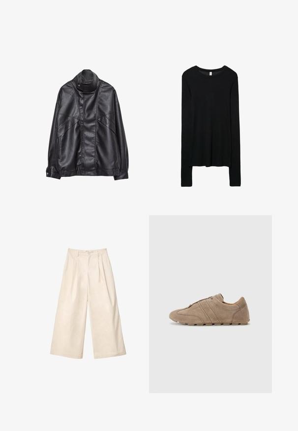 Schwarze Lederjacke mit hohem Kragen und Druckknopf, Reißverschlusstaschen an den Seiten und detaillierterStickerei an der Vorderseite sowie an den Ärmeln.; Schwarzes Langarmshirt, aus einem glatten Strickmaterial gefertigt. Rundhals, taillierte Form und langärmelig mit leicht abfallendem Saum.; Beige weit geschnittene Hose aus weichem Stoff mit hohem Bund, ausgestattet mit Falten und einem vorderen Knopfverschluss. Glatte Textur und maßgeschneidertes Design.; Beige Wildlederschuhe mit niedrigem Profil, die mit gesteppten Linien und einer strukturierten Oberfläche ausgestattet sind, ergänzt durch Gummisohlen mit hochwertigem Grip.