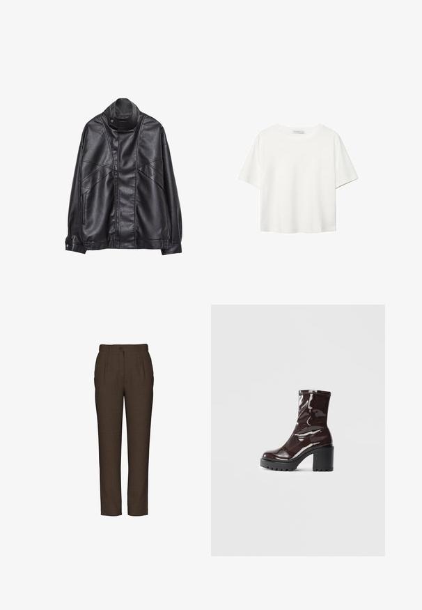 Czarna skórzana kurtka z wysokim kołnierzem i zatrzaskiem, z zapinanymi na zamek kieszeniami po bokach oraz szczegółowym przeszyciem z przodu i na rękawach.; Biała koszulka z krótkim rękawem, wykonana z bawełny. Posiada okrągły dekolt i luźny krój. Gładka faktura bez widocznych wzorów czy akcentów.; Brązowe spodnie o dopasowanym kroju z fakturowanej tkaniny. Posiadają plisę z przodu, zapięcie na guzik oraz prosty krój, zaprojektowane z myślą o szczupłym kroju.; Błyszczące bordowe botki za kostkę z masywną czarną obcasem, charakteryzujące się gładką teksturą i prostym wzornictwem. Brak widocznych zapięć lub wzorów.