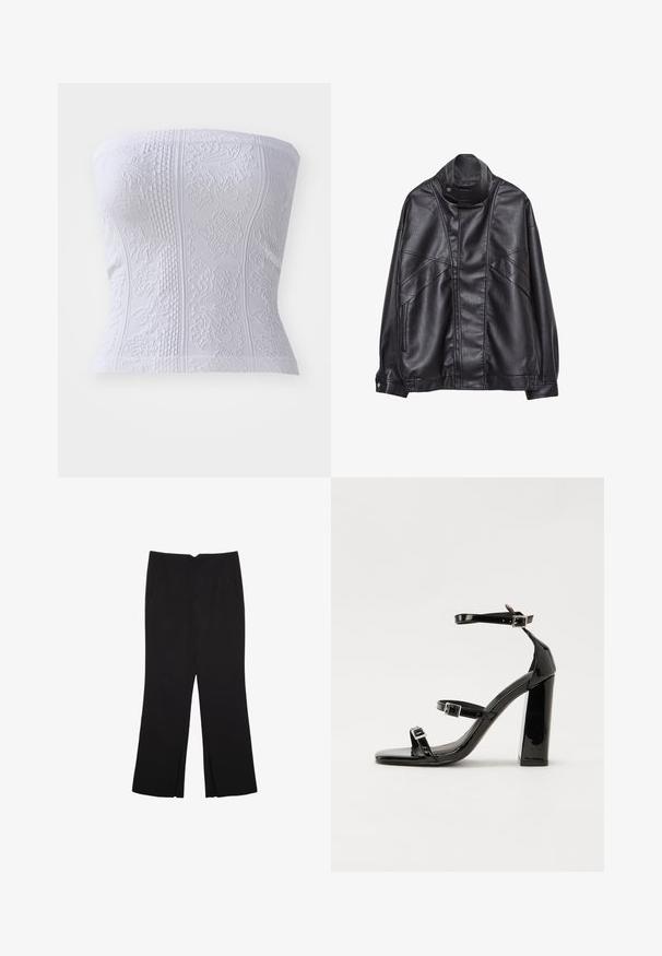 Čierna kožená bunda s vysokým golierom a cvokmi, so zipsovými vreckami po stranách a precízne prešívaním na prednej strane a rukávoch.; Biele top bez ramienok s textúrovanými vzormi, ktorý má rebrované detaily a kvetinové motívy, s priliehavým strihom.; Čierne nohavice so strihom rovného strihu, s prednými vreckami a bočnými rozparkami na leme. Vyrobené z mäkkej, hladkej tkaniny. Vhodné na rôzne príležitosti.; Čierne lakované sandále na podpätku so štvorcovou špičkou, navlečenými remienkami okolo členku a striebornými prackami. Disponujú masívnym blokovým podpätkom pre stabilitu.