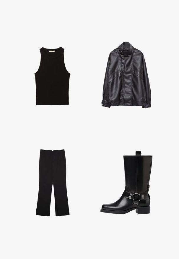 Schwarze Lederjacke mit hohem Kragen und Druckknopf, Reißverschlusstaschen an den Seiten und detaillierterStickerei an der Vorderseite sowie an den Ärmeln.; Schwarzes, ärmelloses Tanktop aus einem glatten, dehnbaren Stoff; verfügt über einen runden Halsausschnitt und ein figurbetontes Design ohne zusätzliche Muster oder Akzente.; Schwarze Hose mit geradem Schnitt, ausgestattet mit Fronttaschen und Seitenschlitzen am Saum. Hergestellt aus weichem, glattem Stoff. Geeignet für verschiedene Anlässe.; Schwarze Lederstiefel bis zum Knie mit spitzer Zehenform, silbernen Schnallenakzenten und einem klobigen Absatz. Verfügt über eine Zuglasche für einfaches Anziehen.