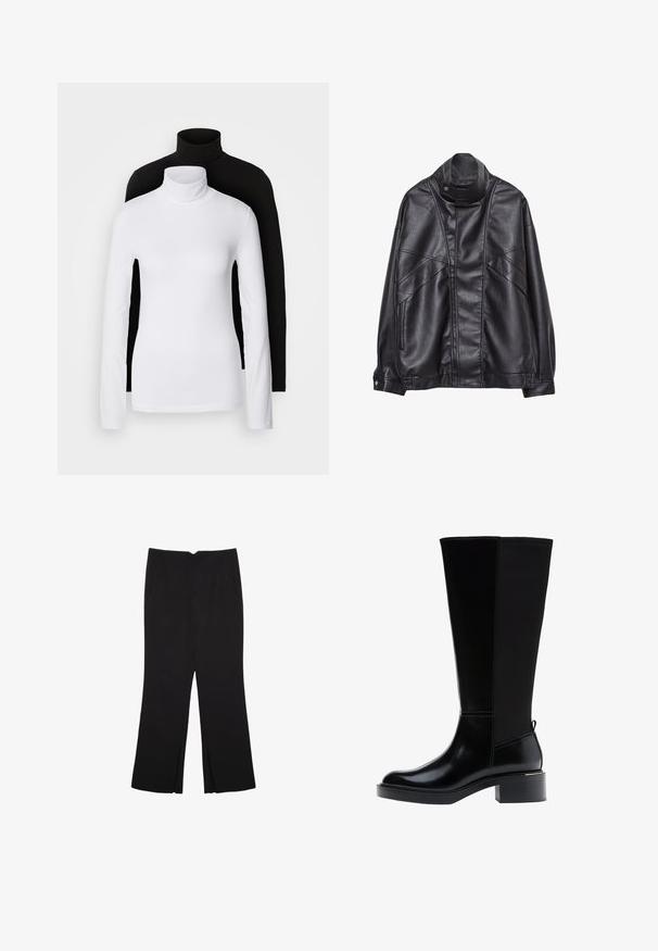 Črna usnjena jakna z visokim ovratnikom in pritrdilnimi gumbi, z žepi na zadrgo ob straneh ter podrobnim šivanjem spredaj in na rokavih.; Dva dolge rokave turtleneck majice, ena bela in ena črna, izdelani iz gladkega, raztegljivega materiala, oba imata slim-fit kroj in visoke ovratnike.; Črne hlače ravnega kroja z naglavnimi žepi in stranskimi razporki na robu. Narejene iz mehke, gladke tkanine. Primerne za različne priložnosti.; Črni škornji do kolen z gladkim usnjenim zaključkom, izrazitim šivanjem, robustnim petnim delom in teksturirano zadnjo ploščo za dodatno zanimivost.