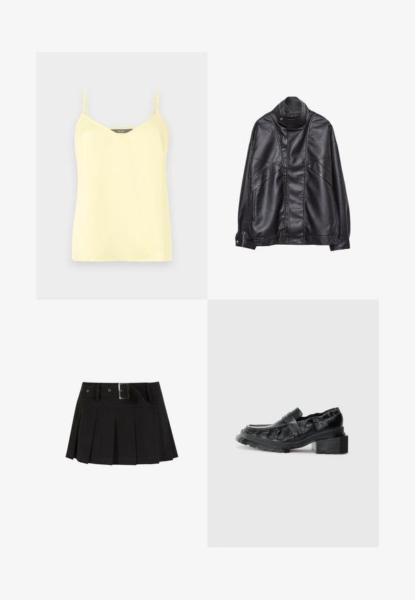 Čierna kožená bunda s vysokým golierom a cvokmi, so zipsovými vreckami po stranách a precízne prešívaním na prednej strane a rukávoch.; Žltý top s tenkými nastaviteľnými ramienkami, výstrihom do "V" a hladkou textúrou. Jednoduchý dizajn bez vzorov alebo akcentov.; Čierna skladaná sukňa s opaskom. Vyrobená z hladkej látky, s striebornou prackou a tvarovaným pásom pre zvýraznenie štýlu.; Čierne kožené loafers s pevným podrážkou, s mierne zvýšeným blokovým podpätkom a štruktúrovaným zvrškom, zabezpečené predným pásom.