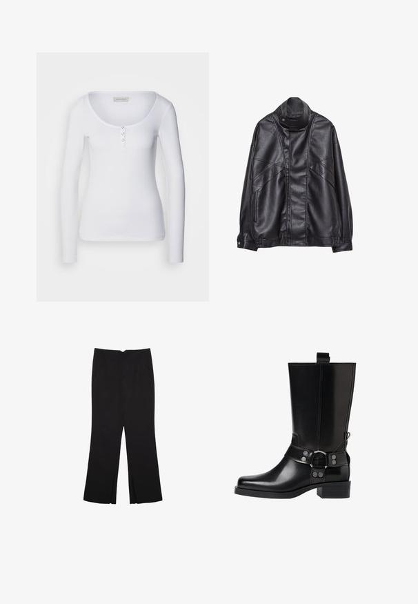 Čierna kožená bunda s vysokým golierom a cvokmi, so zipsovými vreckami po stranách a precízne prešívaním na prednej strane a rukávoch.; Biela dlhá blúzka s dlhými rukávmi a okrúhlym výstrihom, s rebrovanou textúrou a tromi striebornými gombíkmi na prednom zapínaní.; Čierne nohavice so strihom rovného strihu, s prednými vreckami a bočnými rozparkami na leme. Vyrobené z mäkkej, hladkej tkaniny. Vhodné na rôzne príležitosti.; Čierne kožené čižmy po kolená s špicatou špičkou, striebornými prackami a robustným podpätkom. Obsahujú pútko pre jednoduché obúvanie.