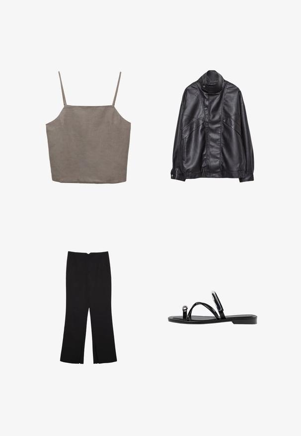 Black leather jacket with high collar and snap button, zip pockets on sides, and detailed stitching on front and sleeves.; Gray, sleeveless top with thin straps, featuring a relaxed fit, and made of a lightweight fabric. Smooth texture with subtle sheen.; Black trousers with a straight fit, featuring front pockets and side slits at the hem. Made of soft, smooth fabric. Suitable for various occasions.; Black flat sandals featuring a glossy finish, three thin straps, and a circular hardware detail at the toe. Sleek design with a minimal heel.