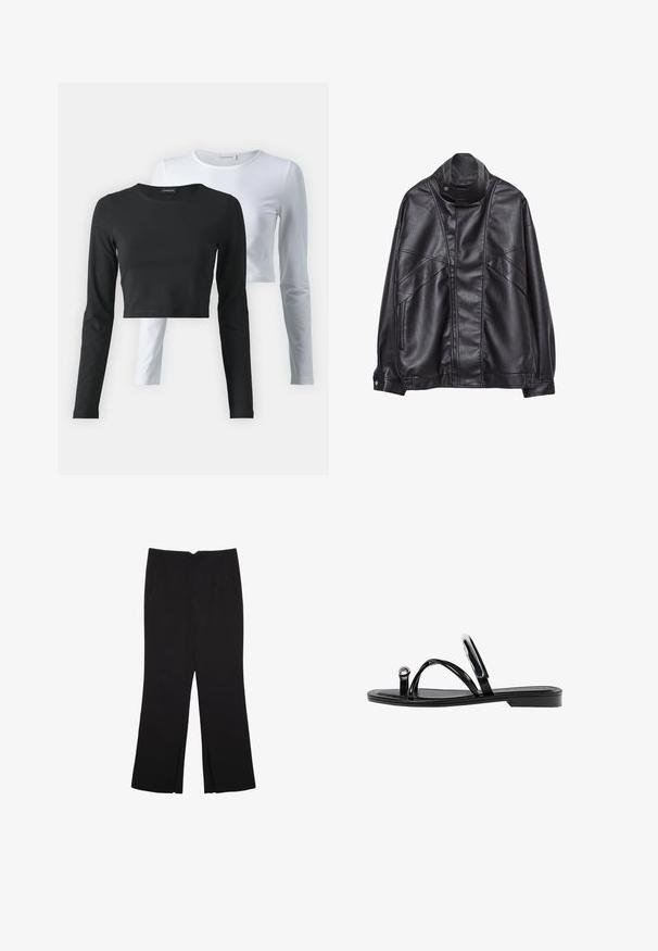 Musta nahkatakki, jossa on korkea kaulus ja nepparit, vetoketjulliset taskut sivuilla sekä yksityiskohtaista ompelua edessä ja hihoissa.; Kaksi pitkähihaista t-paitaa, yksi musta ja yksi valkoinen, pehmeää puuvillakangasta, pyöreillä pääntie-tyyleillä ja lyhennetyllä designilla.; Mustat housut suoralinjaisella leikkauksella, joissa on etutaskut ja sivurei'ät helman alla. Valmistettu pehmeästä ja sileästä kankaasta. Sopii eri tilaisuuksiin.; Mustat litteät sandaalit, joissa on kiiltävä pinta, kolme ohutta hihnaa ja pyöreä metalliosuus varpaissa. Tyylikäs muotoilu, jossa on minimaalinen kantapää.