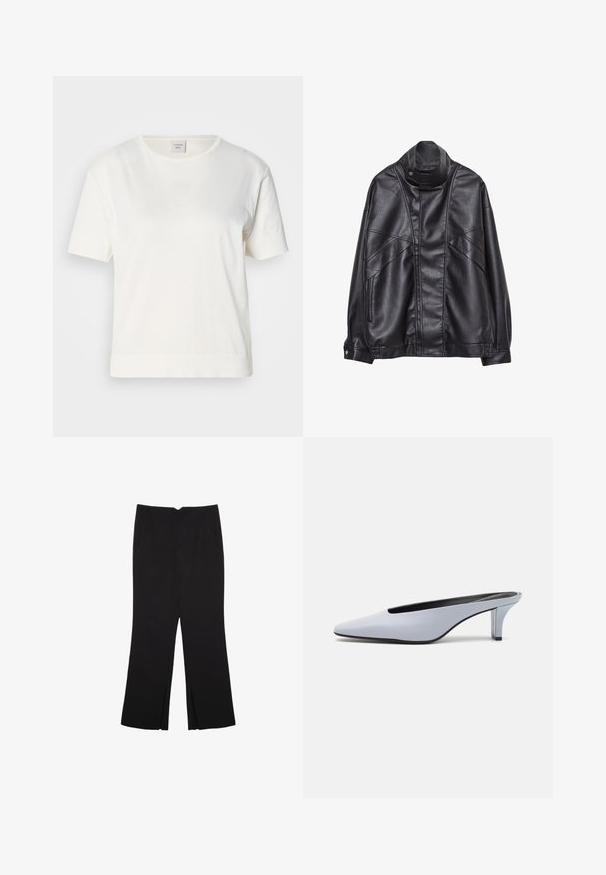 Čierna kožená bunda s vysokým golierom a cvokmi, so zipsovými vreckami po stranách a precízne prešívaním na prednej strane a rukávoch.; Biela bavlnená tričko s krátkymi rukávmi, okrúhlym výstrihom a jemne voľným strihom. Tkanina má hladký, jemný povrch.; Čierne nohavice so strihom rovného strihu, s prednými vreckami a bočnými rozparkami na leme. Vyrobené z mäkkej, hladkej tkaniny. Vhodné na rôzne príležitosti.; Svetlomodrá lakovaná mule s špicatou špičkou, nízkym priehľadným opätkom a elegantným dizajnom s vykrojením na prednej časti.