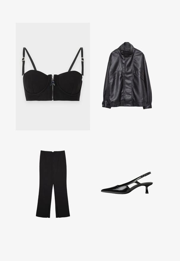 Schwarze Lederjacke mit hohem Kragen und Druckknopf, Reißverschlusstaschen an den Seiten und detaillierterStickerei an der Vorderseite sowie an den Ärmeln.; Schwarzer gepolsterter BH mit einem Reißverschluss vorne, ausgestattet mit verstellbaren Trägern und einer glatten Textur. Das Design umfasst dezente Stichdetails.; Schwarze Hose mit geradem Schnitt, ausgestattet mit Fronttaschen und Seitenschlitzen am Saum. Hergestellt aus weichem, glattem Stoff. Geeignet für verschiedene Anlässe.; Schwarze Lackleder-Slingback-High Heels mit spitzer Zehenform, ausgeschnittenem Seitendesign und kleinem Blockabsatz. Glatte Textur mit minimalen Akzenten.