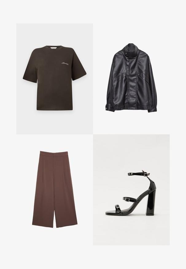 Sort læderjakke med høj krave og trykknap, lynlås lommer på siderne og detaljeret syning på fronten og ærmerne.; Brun bomulds t-shirt med korte ærmer, afslappet pasform, rund halsudskæring, med en lille hvid broderet tekst på venstre bryst.; Brune bredbunde bukser med en glat tekstur, der har høj talje og plisseringer foran. Stoffet er let og falder løst.; Sorte patenterede hælsandaler med firkantet tå, ankelremme og sølvspænder. Har en chunky blokHæl for stabilitet.