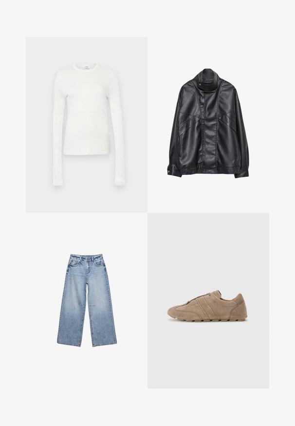 Sort læderjakke med høj krave og trykknap, lynlås lommer på siderne og detaljeret syning på fronten og ærmerne.; Hvid langærmet t-shirt lavet af blødt bomuld. Har rund halsudskæring, tætsiddende silhuet og glat tekstur. Ingen mønstre eller accenter.; Lysblå vide jeans lavet af denim, med høj talje, fem lommer og subtil fading, samt rå kanter.; Beige ruskindsko med lav profil, der har synlige syninger og en struktureret overflade, kompletteret af gummisåler med godt greb.