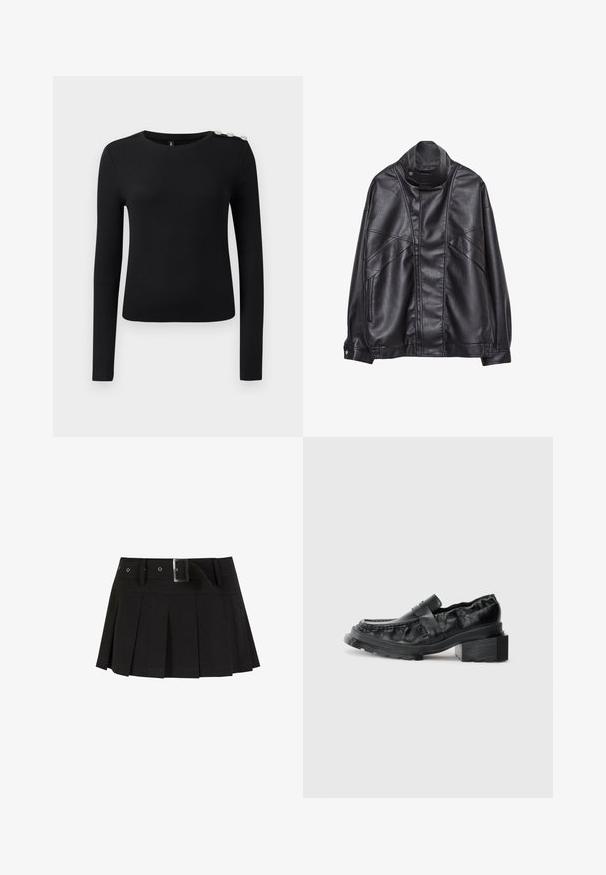 Sort læderjakke med høj krave og trykknap, lynlås lommer på siderne og detaljeret syning på fronten og ærmerne.; Sort langærmet ribbet top med rund halsudskæring og tre dekorative knapper på venstre skulder, vist på ensfarvet baggrund.; Sort plisseret nederdel med et bælte. Fremstillet af et glat stof, med en sølv spænde, og en struktureret talje for ekstra stil.; Sorte læderloafers med en struktureret sål, der har en let forhøjet blokhæl og en tekstureret overdel, sikret med en frontrem.