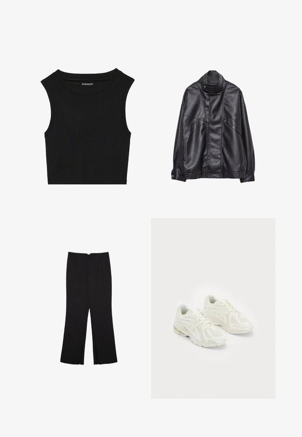 Schwarze Lederjacke mit hohem Kragen und Druckknopf, Reißverschlusstaschen an den Seiten und detaillierterStickerei an der Vorderseite sowie an den Ärmeln.; Schwarzes ärmelloses Crop-Top mit gerippter Textur. Es hat einen runden Ausschnitt und breite Schulternaht. Hergestellt aus einem dehnbaren Stoff.; Schwarze Hose mit geradem Schnitt, ausgestattet mit Fronttaschen und Seitenschlitzen am Saum. Hergestellt aus weichem, glattem Stoff. Geeignet für verschiedene Anlässe.; Weiße Sportschuhe aus Mesh- und synthetischen Materialien, Schnürdesign, gepolsterter Kragen und strukturiertes Profil für besseren Grip. Leichte Bauweise.