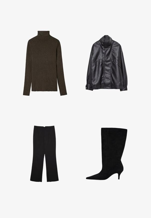Černá kožená bunda s vysokým límcem a patentkami, zipovými kapsami na bocích a detailním prošíváním na přední části a rukávech.; Tmavě hnědý rolák vyrobený z měkké, strukturované tkaniny. Má dlouhé rukávy a přiléhavý střih, s hladkým výstřihem.; Černé kalhoty s rovným střihem, s předními kapsami a bočními rozparky na lemu. Vyrobené z jemné, hladké tkaniny. Vhodné na různé příležitosti.; Černá semišová kotníková bota se špičatou špičkou, tenkým 5cm podpatkem a hladkým povrchem, s vysokým horním dílem.