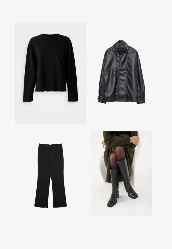 Schwarze Lederjacke mit hohem Kragen und Druckknopf, Reißverschlusstaschen an den Seiten und detaillierterStickerei an der Vorderseite sowie an den Ärmeln.; Schwarzes Langarm-T-Shirt aus einem weichen, leichten Stoff mit Rundhalsausschnitt und lockerer Passform sowie minimalen Nähten.; Schwarze Hose mit geradem Schnitt, ausgestattet mit Fronttaschen und Seitenschlitzen am Saum. Hergestellt aus weichem, glattem Stoff. Geeignet für verschiedene Anlässe.; Knöchelhöhe schwarze Lederstiefel mit quadrater Spitze und Blockabsatz, gezeigt mit einem Modell, das einen olivgrünen Mantel trägt. Glatte Textur, minimale Details.