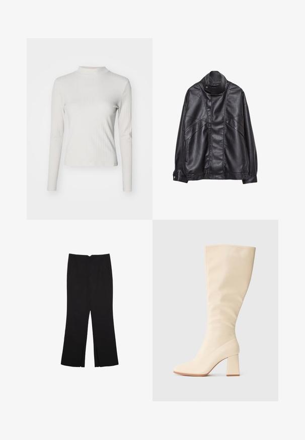Crna kožna jakna s visokim ovratnikom i snap dugmetom, zip džepovima sa strane i detaljnim šavovima na prednjem dijelu i rukavima.; Dugi rukav, svijetlobejpli rebrasti top s lažnim okovratnikom i glatkom teksturom, koji se ističe prianjajućim krojem i minimalnim dizajnerskim detaljima.; Crne hlače ravnog kroja, s prednjim džepovima i bočnim prorezima na rubu. Izrađene od mekog i glatkog materijala. Pogodne za razne prigode.; Kremaste čizmice do koljena s blok petom i glatkim finišom, prikazane u bočnom profilu na jednostavnoj pozadini.