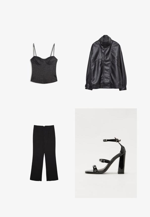Črna usnjena jakna z visokim ovratnikom in pritrdilnimi gumbi, z žepi na zadrgo ob straneh ter podrobnim šivanjem spredaj in na rokavih.; Črn bustier z nastavljivimi trakovi, ki ima strukturirano ploščato obliko in teksturiran leopardski vzorec.; Črne hlače ravnega kroja z naglavnimi žepi in stranskimi razporki na robu. Narejene iz mehke, gladke tkanine. Primerne za različne priložnosti.; Črne lakirane sandale s peto, kvadratnim prstom, trakovi okrog gležnja in srebrnimi zaponkami. Opremljene so s stabilno Debelo peto.