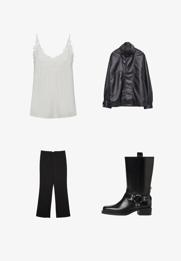 Giacca in pelle nera con collo alto e bottone a scatto, tasche con zip sui lati e cuciture dettagliate sul davanti e sulle maniche.; Camisola in raso bianco con dettagli in pizzo lungo il scollo a V e spalline regolabili. Tessuto morbido e silhouette a trapezio.; Pantaloni neri a gamba dritta, con tasche frontali e spacchi laterali all'orlo. Realizzati in tessuto morbido e liscio. Adatti a diverse occasioni.; Stivale in pelle nera alto fino al ginocchio con punta affusolata, dettagli in argento e tacco largo. Presenta un inserto per facilitare l'indossamento.