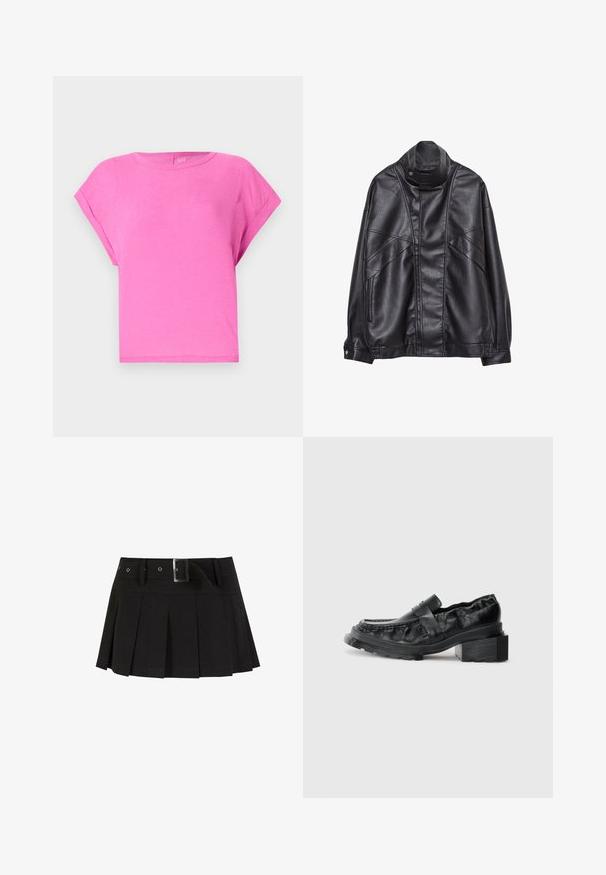 Sort læderjakke med høj krave og trykknap, lynlås lommer på siderne og detaljeret syning på fronten og ærmerne.; Lyserød bomulds T-shirt med en afslappet pasform, rund halsudskæring og korte ærmer. Glat tekstur og enkelt design uden synlige mønstre eller detaljer.; Sort plisseret nederdel med et bælte. Fremstillet af et glat stof, med en sølv spænde, og en struktureret talje for ekstra stil.; Sorte læderloafers med en struktureret sål, der har en let forhøjet blokhæl og en tekstureret overdel, sikret med en frontrem.