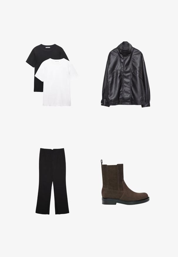 Crna kožna jakna s visokim ovratnikom i snap dugmetom, zip džepovima sa strane i detaljnim šavovima na prednjem dijelu i rukavima.; Dve majice s okruglim izrezom, jedna crna i jedna bijela. Napravljene od mekanog pamuka, imaju kratke rukave i jednostavan, klasičan dizajn.; Crne hlače ravnog kroja, s prednjim džepovima i bočnim prorezima na rubu. Izrađene od mekog i glatkog materijala. Pogodne za razne prigode.; Smeđi nubuk čizmi do gležnja s zaobljenim vrhom, elastičnim bočnim panelima i teksturiranim stražnjim dijelom. Imaju ravni gumeni đon i traku za povlačenje.