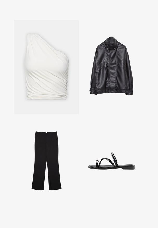 Črna usnjena jakna z visokim ovratnikom in pritrdilnimi gumbi, z žepi na zadrgo ob straneh ter podrobnim šivanjem spredaj in na rokavih.; Eno-rameni bela bluzica iz lahkotnega, drapiranega materiala. Ima naguban učinek na strani in gladko, tekočo zasnovo.; Črne hlače ravnega kroja z naglavnimi žepi in stranskimi razporki na robu. Narejene iz mehke, gladke tkanine. Primerne za različne priložnosti.; Črne ravne sandale s sijajno končno obdelavo, tremi tankimi trakovi in okroglo kovinsko podrobnostjo na prstih. Elegantna zasnova z minimalnim peto.