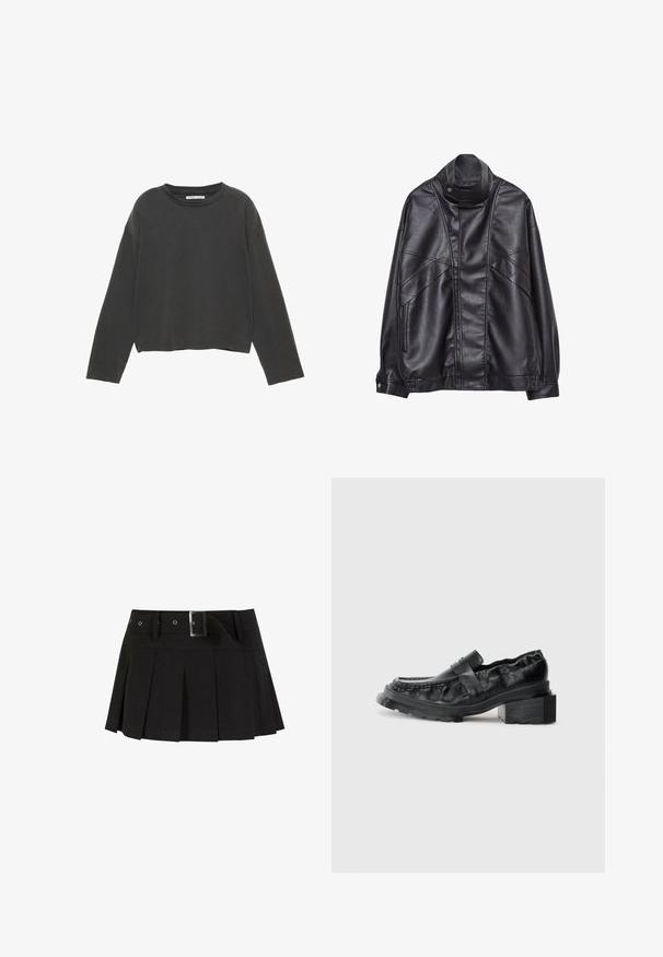 Musta nahkatakki, jossa on korkea kaulus ja nepparit, vetoketjulliset taskut sivuilla sekä yksityiskohtaista ompelua edessä ja hihoissa.; Mustat lyhyet hihat, pitkähihainen t-paita pehmeästä puuvillakankaasta. Ominaisuuksiin kuuluu pyöreä kaula-aukko ja näkyvät saumat.; Mustat poimutetut hameet vyöllä. Valmistettu sileästä kankaasta, jossa on hopeinen solki ja rakenteellinen vyötärö, joka lisää tyyliä.; Mustat nahkakengät, joissa on jämäkkä pohja, hieman korotettu lohkopohja ja teksturoitu pinta, jota pidetään paikallaan etuhihnalla.