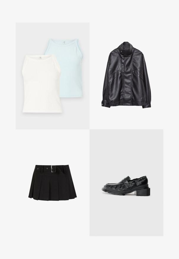 Černá kožená bunda s vysokým límcem a patentkami, zipovými kapsami na bocích a detailním prošíváním na přední části a rukávech.; Dva žebrované tílka v bílé a světle modré barvě. Tílka mají kulatý výstřih a široké ramínka, jsou vyrobena z měkké tkaniny.; Černá plisovaná sukně s páskem. Vyrobena z hladkého materiálu, zdobená stříbrnou sponou a se strukturálním pasekem pro zvýraznění stylu.; Černé kožené mokasíny se strukturovanou podrážkou, s mírně zvýšeným blokovým podpatkem a texturovaným svrškem, upevněné předním páskem.