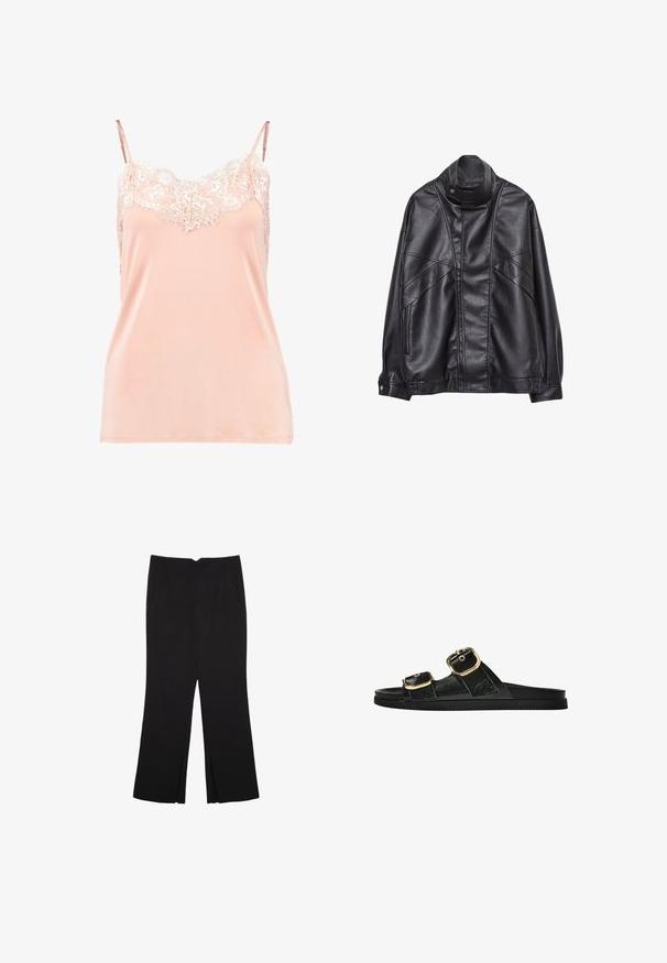 Crna kožna jakna s visokim ovratnikom i snap dugmetom, zip džepovima sa strane i detaljnim šavovima na prednjem dijelu i rukavima.; Breskvena majica na bretele s podesivim trakama, s čipkastim rubom oko dekoltea. Glatka tkanina, mekana tekstura i opušteni kroj.; Crne hlače ravnog kroja, s prednjim džepovima i bočnim prorezima na rubu. Izrađene od mekog i glatkog materijala. Pogodne za razne prigode.; Crne sandale na klizanje s dva zlatna akcenta u obliku kopči, glatkog teksturiranog materijala, ravnim potplatom i minimalističkim dizajnom.