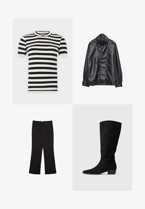 Svart läderjacka med hög krage och tryckknapp, fickor med dragkedja på sidorna och detaljerad sömnad på framsidan och ärmarna.; Randig svart och vit kortärmad ribbad t-shirt med rund halsringning och en åtsittande siluett. Mjuk textur genom hela plagget.; Svarta byxor med rak passform, utrustade med framfickor och sidoklyvningar vid fållen. Tillverkade av mjukt, slätt tyg. Lämpliga för olika tillfällen.; Svarta mocka knähöga stövlar med låg klack och spetsig tå, visade i sidovy på en enkel ljusgrå bakgrund.