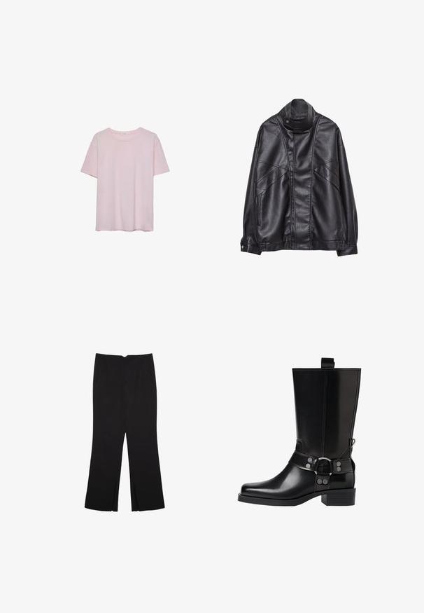 Čierna kožená bunda s vysokým golierom a cvokmi, so zipsovými vreckami po stranách a precízne prešívaním na prednej strane a rukávoch.; Svetloružové bavlnené tričko s krátkymi rukávmi, okrúhlym výstrihom a voľným strihom. Hladká textúra a jednoduchý dizajn, bez ďalších vzorov alebo akcentov.; Čierne nohavice so strihom rovného strihu, s prednými vreckami a bočnými rozparkami na leme. Vyrobené z mäkkej, hladkej tkaniny. Vhodné na rôzne príležitosti.; Čierne kožené čižmy po kolená s špicatou špičkou, striebornými prackami a robustným podpätkom. Obsahujú pútko pre jednoduché obúvanie.