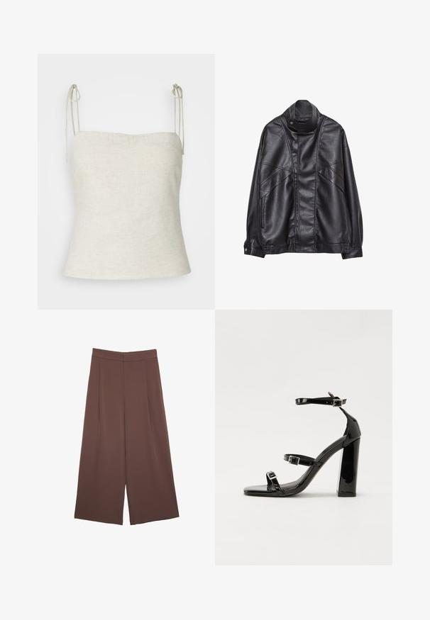 Crna kožna jakna s visokim ovratnikom i snap dugmetom, zip džepovima sa strane i detaljnim šavovima na prednjem dijelu i rukavima.; Bijela lanena majica s podesivim vezicama na ramenima, ravnim dekolteom i uskim siluetom koja se sužava prema rubu.; Smeđe hlače širokog kroja s glatkom teksturom, koje imaju visok struk i nabore sprijeda. Tkanina je lagana i slobodno se kreće.; Crne lakirane sandale na pete sa kvadratnim nosom, trakama oko gležnja i srebrnim kopčama. Imaju čvrst blok petu za stabilnost.