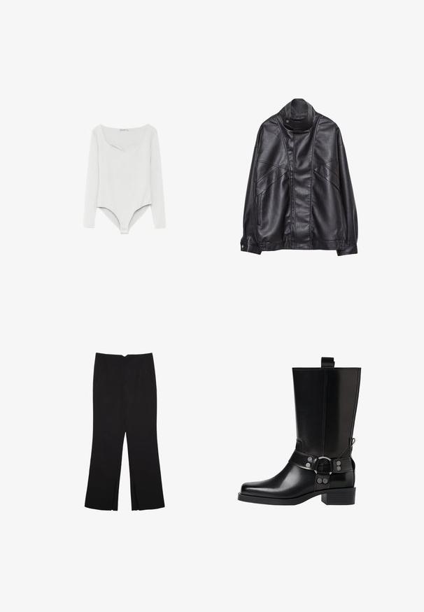 Musta nahkatakki, jossa on korkea kaulus ja nepparit, vetoketjulliset taskut sivuilla sekä yksityiskohtaista ompelua edessä ja hihoissa.; Valkoinen pitkähihaisesta bodysuit, joka on valmistettu teksturoituneesta kankaasta ja jossa on syvä neliömäinen kaula-aukko sekä neppari alhaalla.; Mustat housut suoralinjaisella leikkauksella, joissa on etutaskut ja sivurei'ät helman alla. Valmistettu pehmeästä ja sileästä kankaasta. Sopii eri tilaisuuksiin.; Musta nahkasaapas polven yläpuolelle, jossa on terävä kärki, hopeiset solkiyksityiskohdat ja paksu korko. Varustettu vetotapilla helppoa pukemista varten.