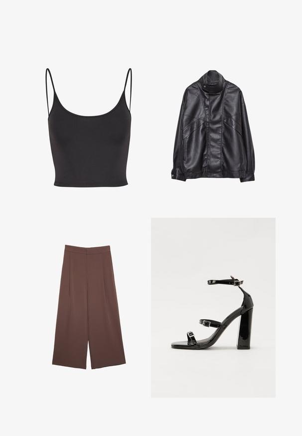 Čierna kožená bunda s vysokým golierom a cvokmi, so zipsovými vreckami po stranách a precízne prešívaním na prednej strane a rukávoch.; Čierny, bezrukávový crop top vyrobený z hladkej tkaniny. Obsahuje tenké ramienka a výstrih s okrúhlym výstrihom, s priliehavým strihom.; Hnedé nohavice so širokými nohavicami a hladkou textúrou, s vysokým pásom a prednými skladmi. Tkanina je ľahká a voľne sa pohybuje.; Čierne lakované sandále na podpätku so štvorcovou špičkou, navlečenými remienkami okolo členku a striebornými prackami. Disponujú masívnym blokovým podpätkom pre stabilitu.