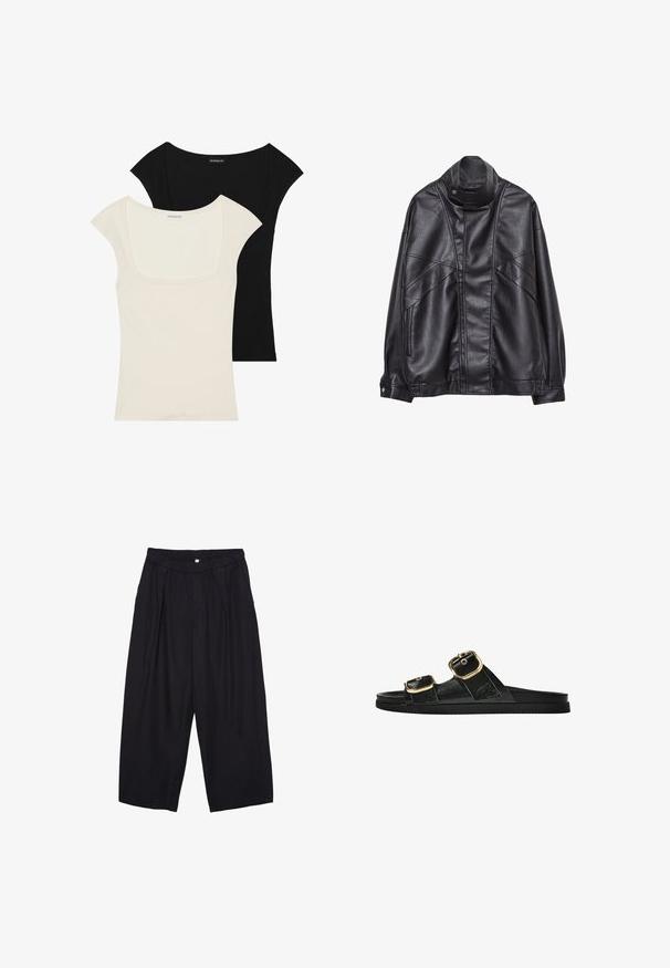 Crna kožna jakna s visokim ovratnikom i snap dugmetom, zip džepovima sa strane i detaljnim šavovima na prednjem dijelu i rukavima.; Dva uska krojena topa s kratkim rukavima: jedan crni i jedan boja pijeska. Oboje imaju kvadratni izrez i rebrastu teksturu, s glatkom završnom obradom.; Crne poliester hlače culotte s elastičnim pojasom, dva prednja nabora i širokim krojem. Nema vidljivih uzoraka ili metalnih detalja.; Crne sandale na klizanje s dva zlatna akcenta u obliku kopči, glatkog teksturiranog materijala, ravnim potplatom i minimalističkim dizajnom.