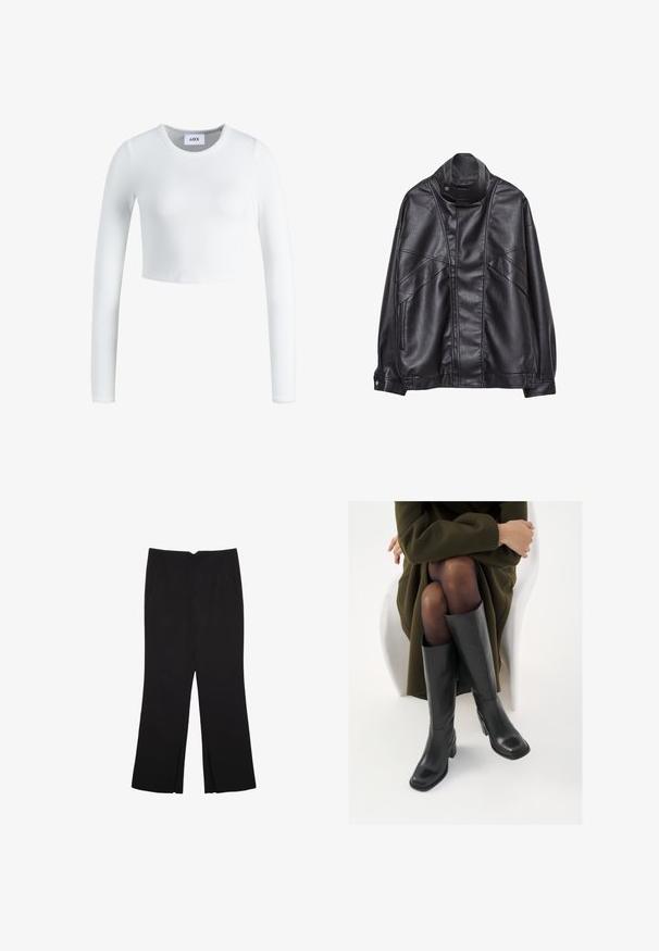 Musta nahkatakki, jossa on korkea kaulus ja nepparit, vetoketjulliset taskut sivuilla sekä yksityiskohtaista ompelua edessä ja hihoissa.; Valkoinen pitkähihaiset crop-top ribbikankaasta. Omistaa pyöreän kaula-aukon ja istuvan muodon. Etiketti näkyy sisäpuolella kauluksessa.; Mustat housut suoralinjaisella leikkauksella, joissa on etutaskut ja sivurei'ät helman alla. Valmistettu pehmeästä ja sileästä kankaasta. Sopii eri tilaisuuksiin.; Polvisuoja mustat nahastossud, millel on ruudukujuline varvas ja plokk-kints, on esitatud mudeli seljas, kes istub oliivrohelises mantlis. Sile tekstuur, minimaalne detailitus.