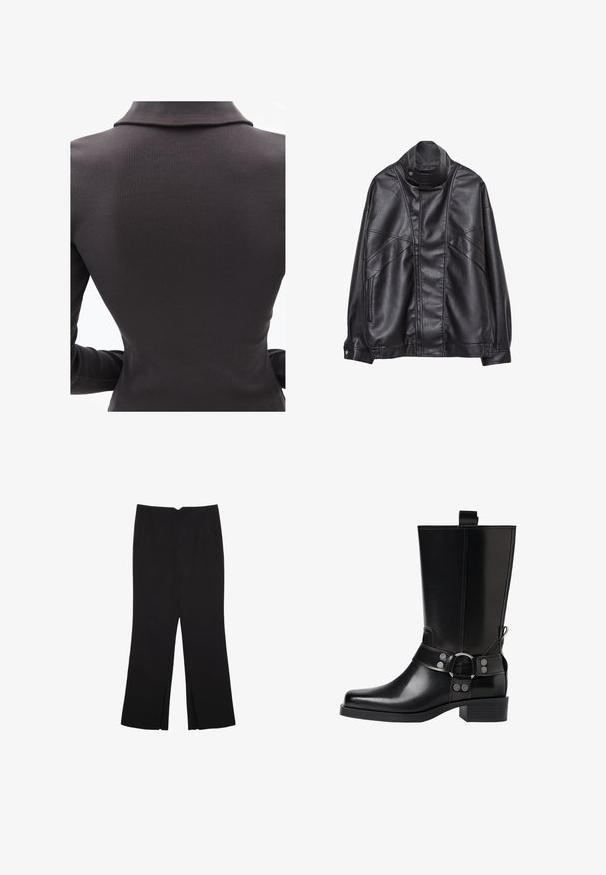 Czarna skórzana kurtka z wysokim kołnierzem i zatrzaskiem, z zapinanymi na zamek kieszeniami po bokach oraz szczegółowym przeszyciem z przodu i na rękawach.; Czarny ribbedowy top z kołnierzykiem, o dopasowanym kroju i długich rękawach, podkreślający wertykalne detale tekstury.; Czarne spodnie o prostym kroju, z przednimi kieszeniami i bocznymi rozcięciami na dole. Wykonane z miękkiego, gładkiego materiału. Odpowiednie na różne okazje.; Czarne skórzane buty za kolano z wydłużonym noskiem, srebrnymi akcentami w postaci klamr oraz masywnym obcasem. Posiadają pętelkę umożliwiającą łatwe zakładanie.