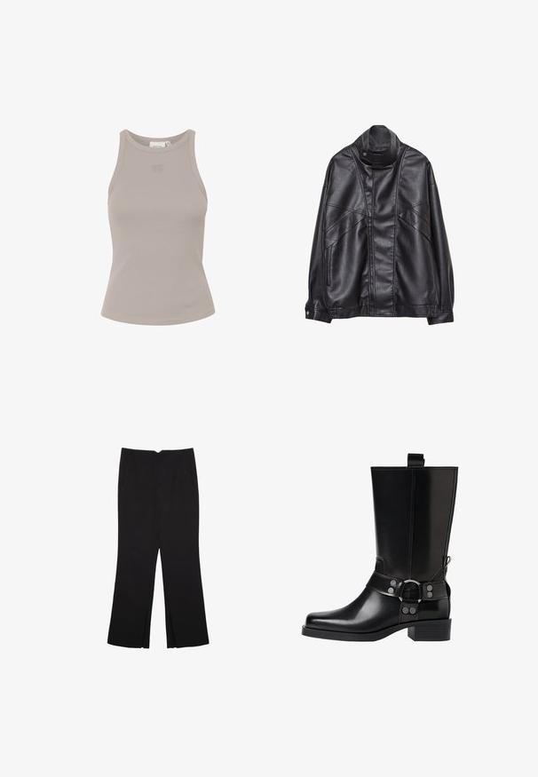 Veste en cuir noir avec col haut et bouton-pression, poches zippées sur les côtés, et coutures détaillées à l'avant et sur les manches.; Haut côtelé sans manches en gris clair avec un col rond et un branding subtil à l'avant. Fabriqué dans un matériau doux et extensible.; Pantalon noir avec une coupe droite, doté de poches avant et d'éclairs sur l'ourlet. Fabriqué en tissu doux et lisse. Convient à diverses occasions.; Botte noire en cuir, montante jusqu'au genou, avec un bout pointu, des accents en boucle en argent et un talon épais. Présente une languette pour un enfilage facile.