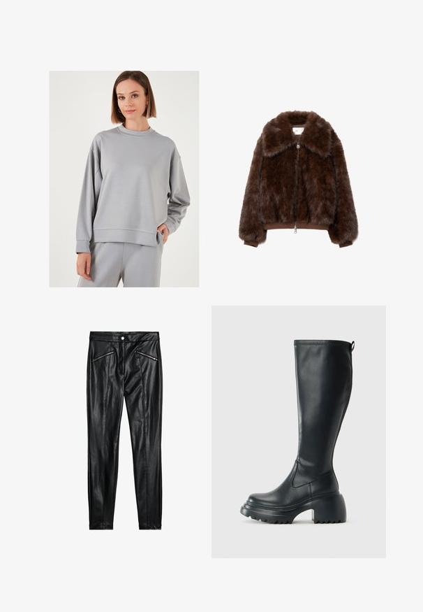 Hnědá umělá kožešinová bunda s širokým límcem, předním zipem a žebrovanými manžetami. Má zkrácený střih a měkkou, nadýchanou texturu.; Světle šedá mikina z měkkého materiálu, s kulatým výstřihem, spadlými rameny a žebrovanými manžetami. Hladký povrch s minimálním designem.; Černé kožené kalhoty s úzkým střihem, dvěma zipovými předními kapsami a hladkým povrchem s lesklým finišem.; Vysoká černá kožená bota s masivní platformou a blokovým podpatkem, s poutkem a texturovaným vzorkem na podrážce.