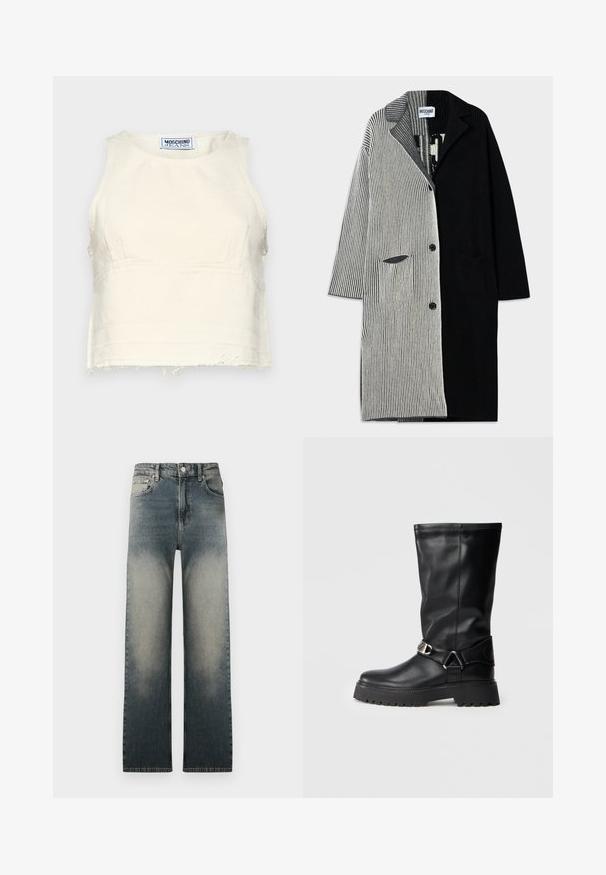 Črno-siv plašč z navpičnimi črtami in ovratnikom, sprednjimi gumbi ter dvema stranskima žepoma. Po celotni površini je rebrast.; Kratka, brezrokavna majica v off-white bombažu z nerazrezanim robom. Ima okroglo izrez in subtilne šive. Notranja oznaka z logotipom.; Visoko pasovi ravne hlače iz denima z zbledelima svetlo in temno modrim pranjem ter klasičnim pet-žepnim dizajnom.; Črne nadkolenske čevlje iz gladke usnje, ki imajo zaponko na strani in debele, teksturirane podplate za boljši oprijem.