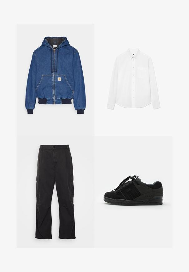 Carhartt WIP ACTIVE JACKET - Jachetă din denim - blue stone washed; Cămașă albă cu mânecă lungă, cu guler, buzunar frontal și textură subtilă. Placa frontală are nasturi și un detaliu mic cu logo.; Pantaloni cargo negri, cu un design drept, având două buzunare laterale, închidere cu buton și un material texturat.; Tenisori negri cu uppers din piele întoarsă și textil, având accente texturate, guler căptușit, șireturi și o talpă din cauciuc cu detaliu logo.